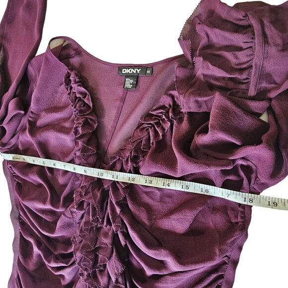 DKNY Women's Purple Silk Ruffle V Neck Pheasant Boho vibe Top Blouse size 10 - Picture 11 of 12